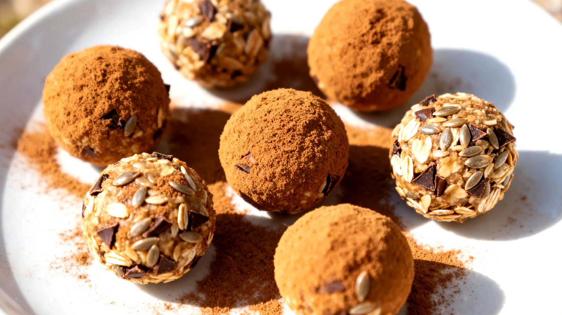 Hafer-Kakao-Nibs-Bällchen mit Leinsamen und Zimt"