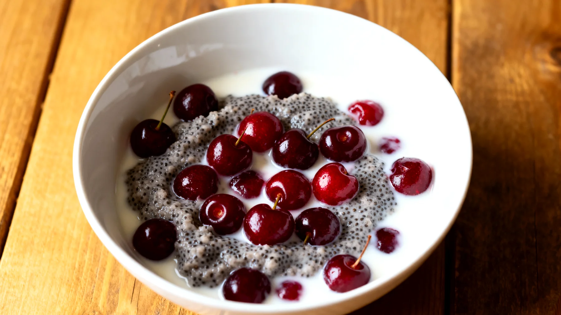 Mohnsamenpudding mit Sauerkirschen und Mandelmilch (Mohnmilch-Dessert)"